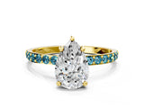 Yellow gold Pear Cut Diamond Solitaire Ring with Round with Blue Topaz side stone Pavé Band and Prong Setting_12