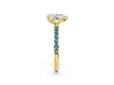 Yellow gold Pear Cut Diamond Solitaire Ring with Round with Blue Topaz side stone Pavé Band and Prong Setting_14