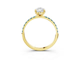 Yellow gold Pear Cut Diamond Solitaire Ring with Round with Blue Topaz side stone Pavé Band and Prong Setting_15