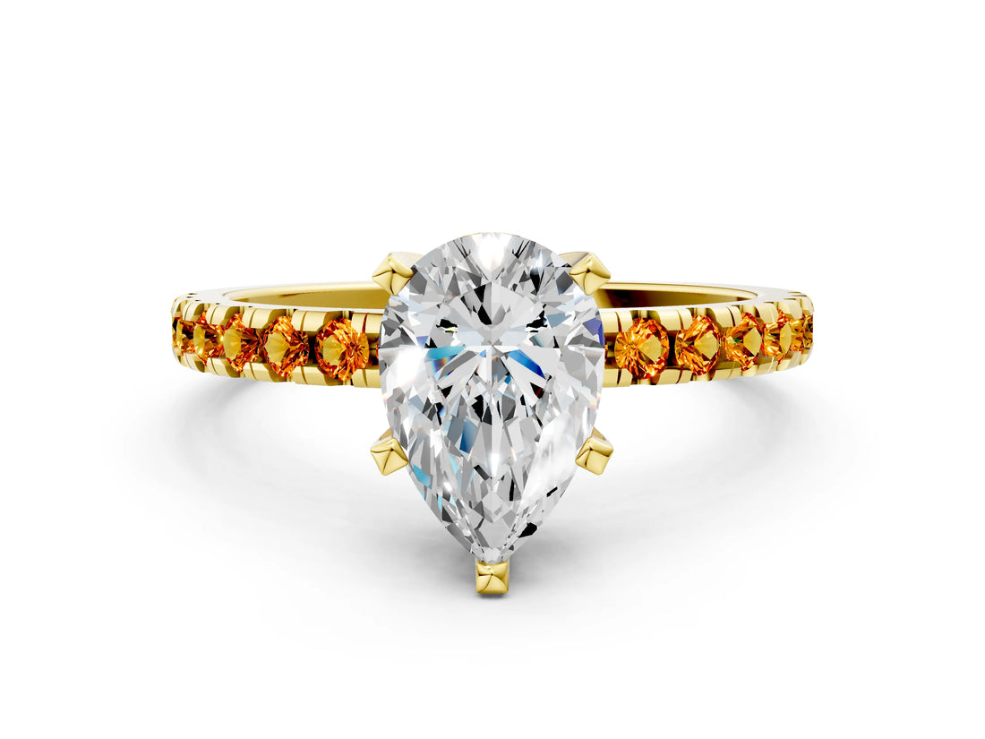 Yellow gold Pear Cut Diamond Solitaire Ring with Round with Citrine side stone Pavé Band and Four-Prong Setting_36