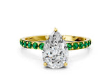Yellow gold Pear Cut Diamond Solitaire Ring with Round with Emerald side stone Pavé Band and Prong Setting_24