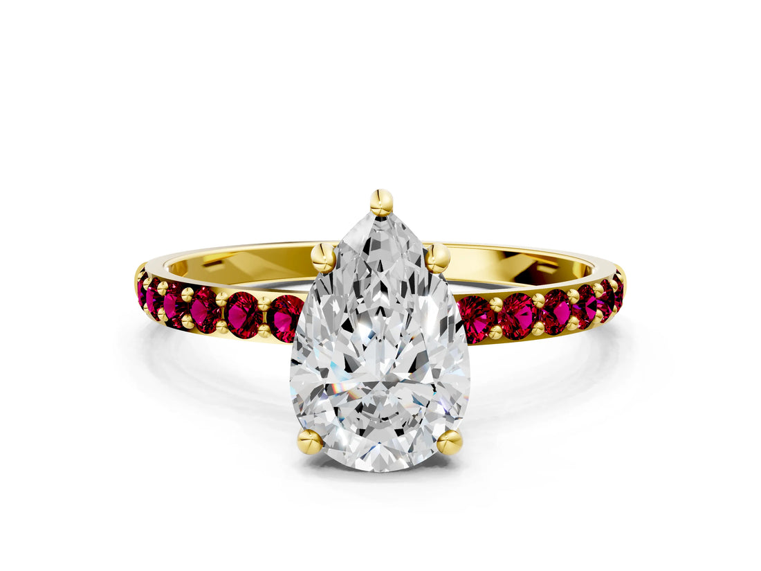 Yellow gold Pear Cut Diamond Solitaire Ring with Round with Garnet side stone Pavé Band and Prong Setting_24