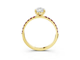 Yellow gold Pear Cut Diamond Solitaire Ring with Round with Garnet side stone Pavé Band and Prong Setting_27