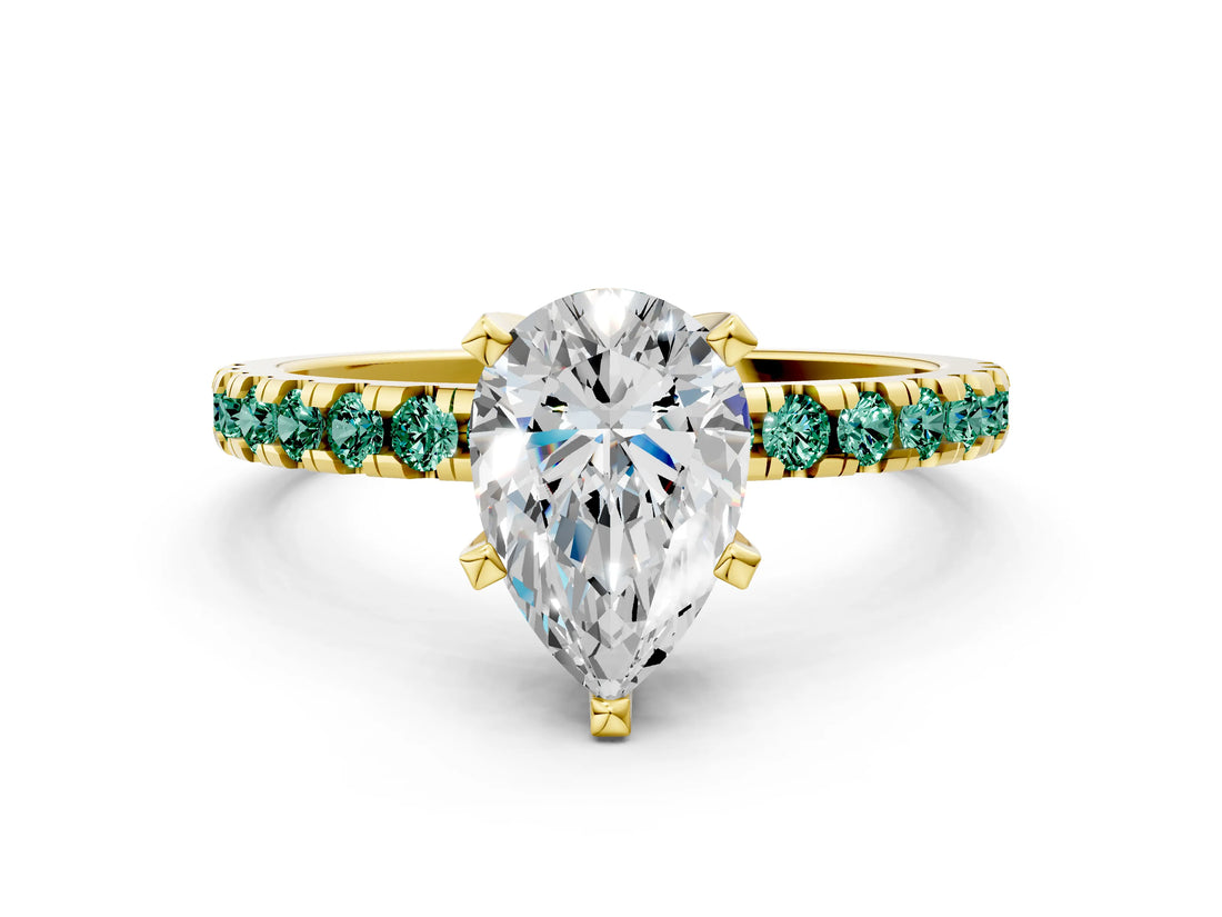 Yellow gold Pear Cut Diamond Solitaire Ring with Round with Green Sapphire side stone Pavé Band and Four-Prong Setting_36