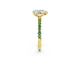 Yellow gold Pear Cut Diamond Solitaire Ring with Round with Green Sapphire side stone Pavé Band and Prong Setting_2