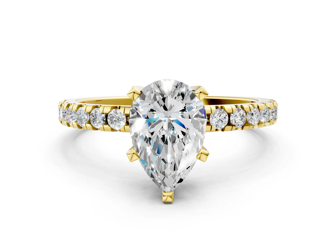 Yellow gold Pear Cut Diamond Solitaire Ring with Round with Moissanite side stone Pavé Band and Four-Prong Setting_36