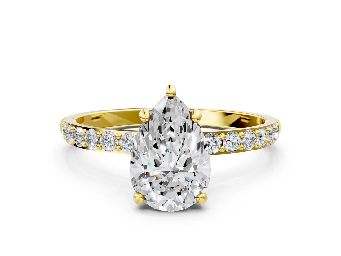 Yellow gold Pear Cut Diamond Solitaire Ring with Round with Moissanite side stone Pavé Band and Prong Setting_12