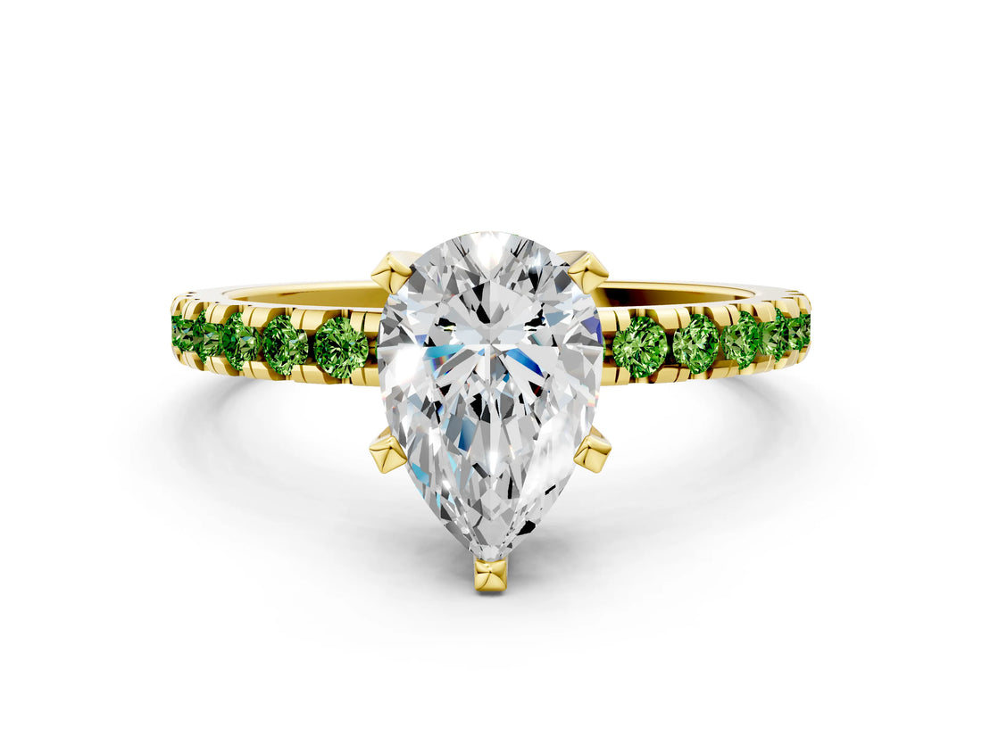 Yellow gold Pear Cut Diamond Solitaire Ring with Round with Peridot side stone Pavé Band and Four-Prong Setting_36