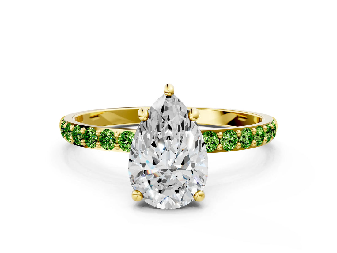 Yellow gold Pear Cut Diamond Solitaire Ring with Round with Peridot side stone Pavé Band and Prong Setting