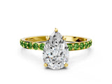 Yellow gold Pear Cut Diamond Solitaire Ring with Round with Peridot side stone Pavé Band and Prong Setting