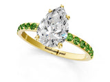 Yellow gold Pear Cut Diamond Solitaire Ring with Round with Peridot side stone Pavé Band and Prong Setting_1
