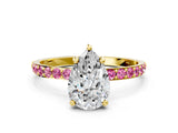 Yellow gold Pear Cut Diamond Solitaire Ring with Round with Pink Sapphire side stone Pavé Band and Prong Setting_12