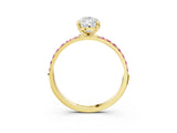 Yellow gold Pear Cut Diamond Solitaire Ring with Round with Pink Sapphire side stone Pavé Band and Prong Setting_15