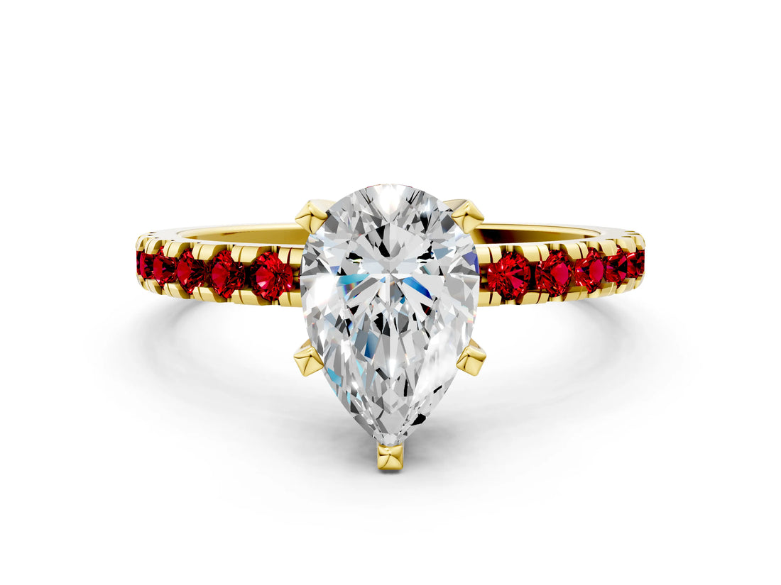Yellow gold Pear Cut Diamond Solitaire Ring with Round with Ruby side stone Pavé Band and Four-Prong Setting_36