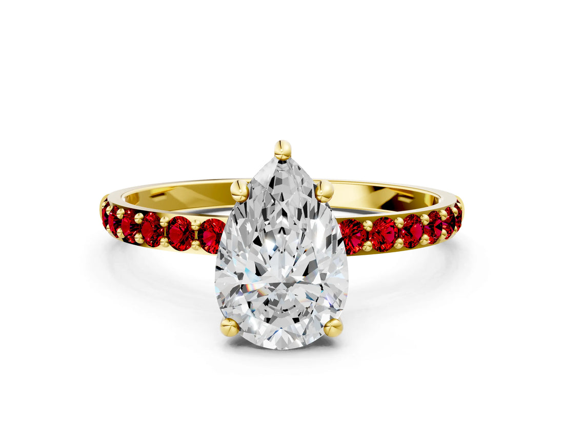 Yellow gold Pear Cut Diamond Solitaire Ring with Round with Ruby side stone Pavé Band and Prong Setting_36