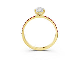 Yellow gold Pear Cut Diamond Solitaire Ring with Round with Ruby side stone Pavé Band and Prong Setting_39