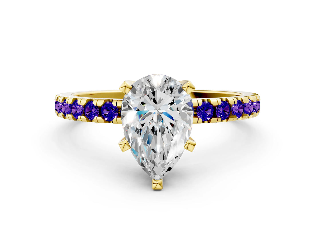 Yellow gold Pear Cut Diamond Solitaire Ring with Round with Tanzanite side stone Pavé Band and Four-Prong Setting_36