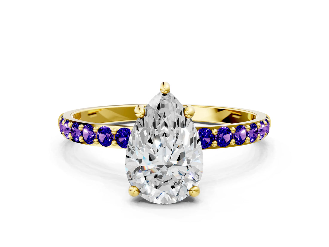 Yellow gold Pear Cut Diamond Solitaire Ring with Round with Tanzanite side stone Pavé Band and Prong Setting_12