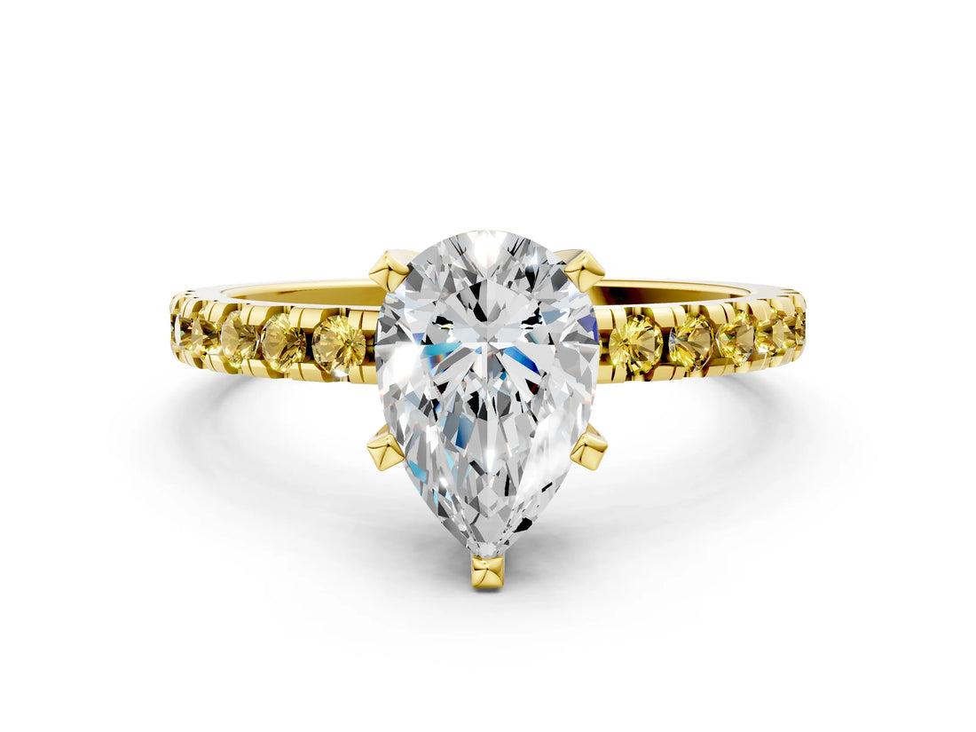 Yellow gold Pear Cut Diamond Solitaire Ring with Round with Yellow Sapphire side stone Pavé Band and Four-Prong Setting_36
