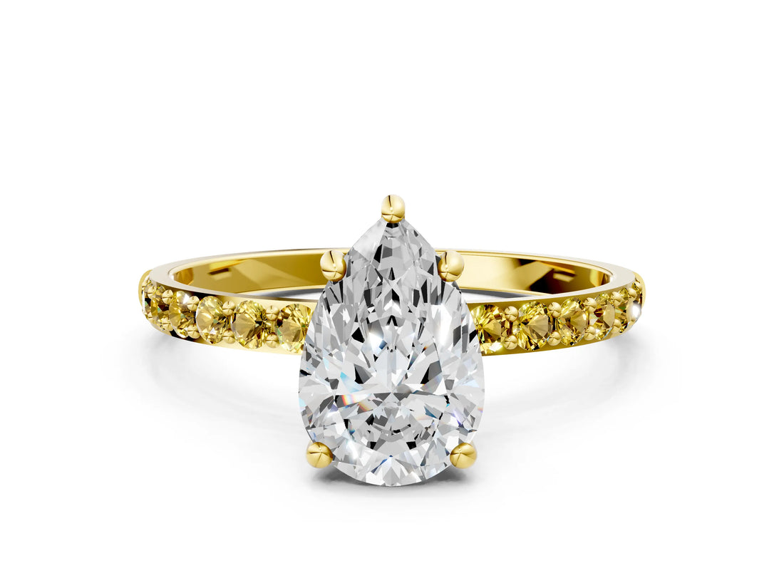 Yellow gold Pear Cut Diamond Solitaire Ring with Round with Yellow Sapphire side stone Pavé Band and Prong Setting_24