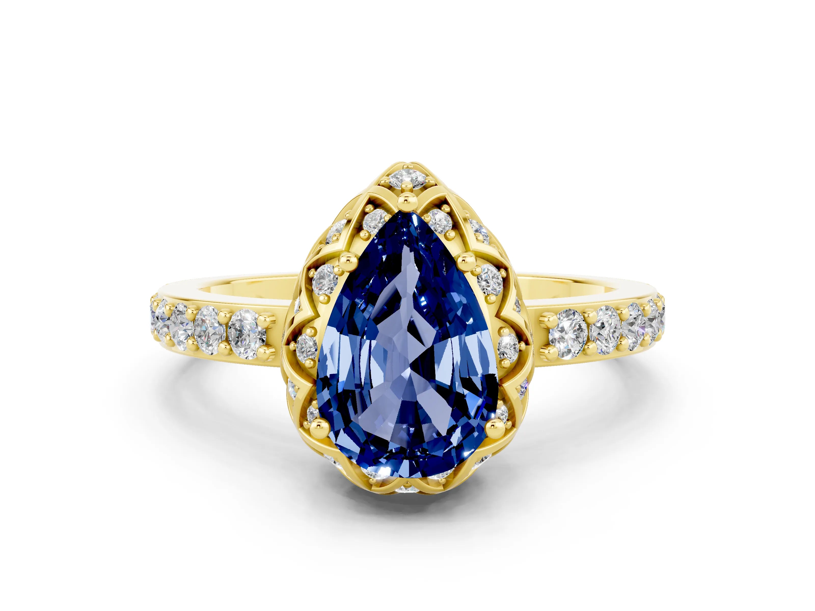 Yellow gold Pear Cut Diamond Solitaire Ring with Shared Prong Pavé Band