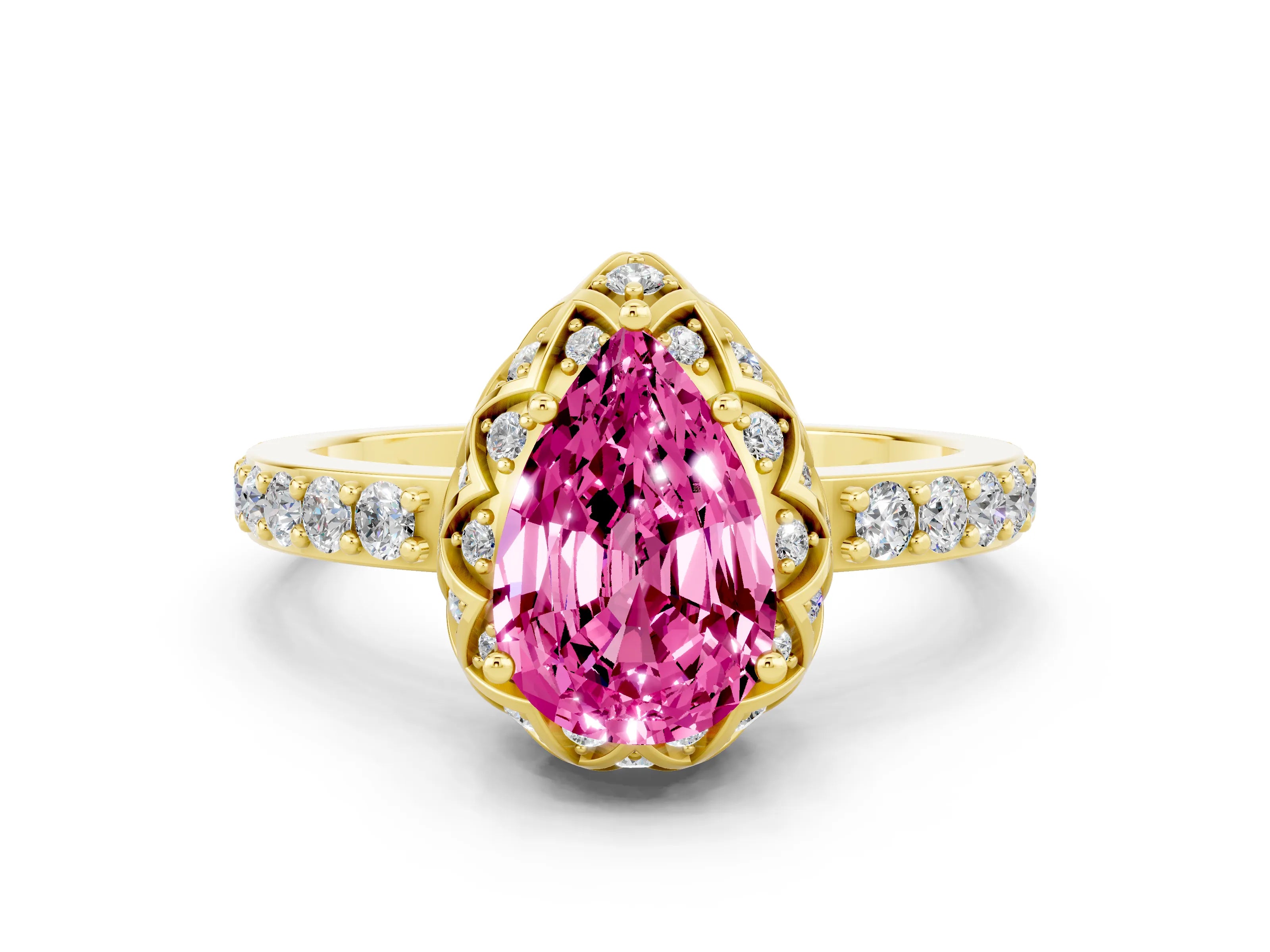 Yellow gold Pear Cut Diamond Solitaire Ring with Shared Prong Pavé Band