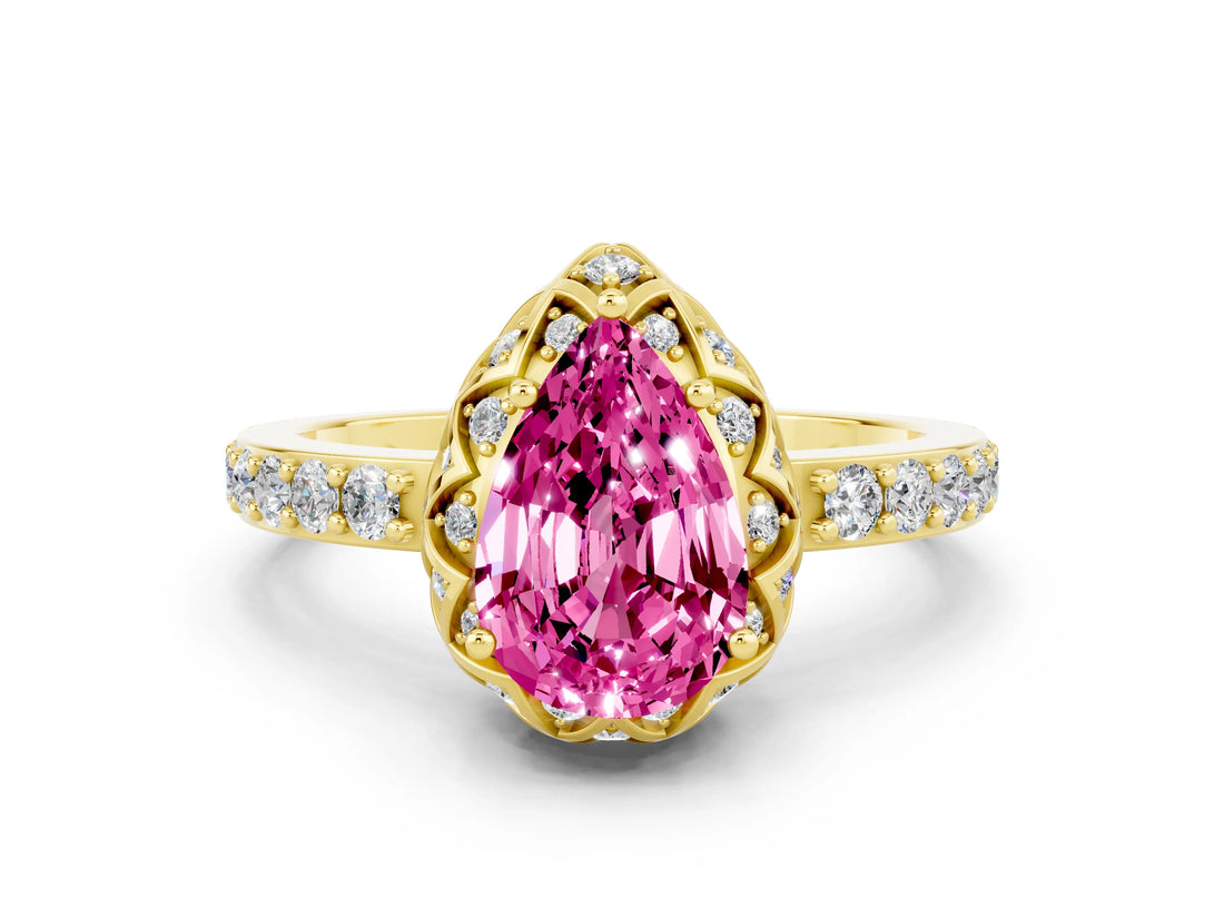 Yellow gold Pear Cut Diamond Solitaire Ring with Shared Prong Pavé Band