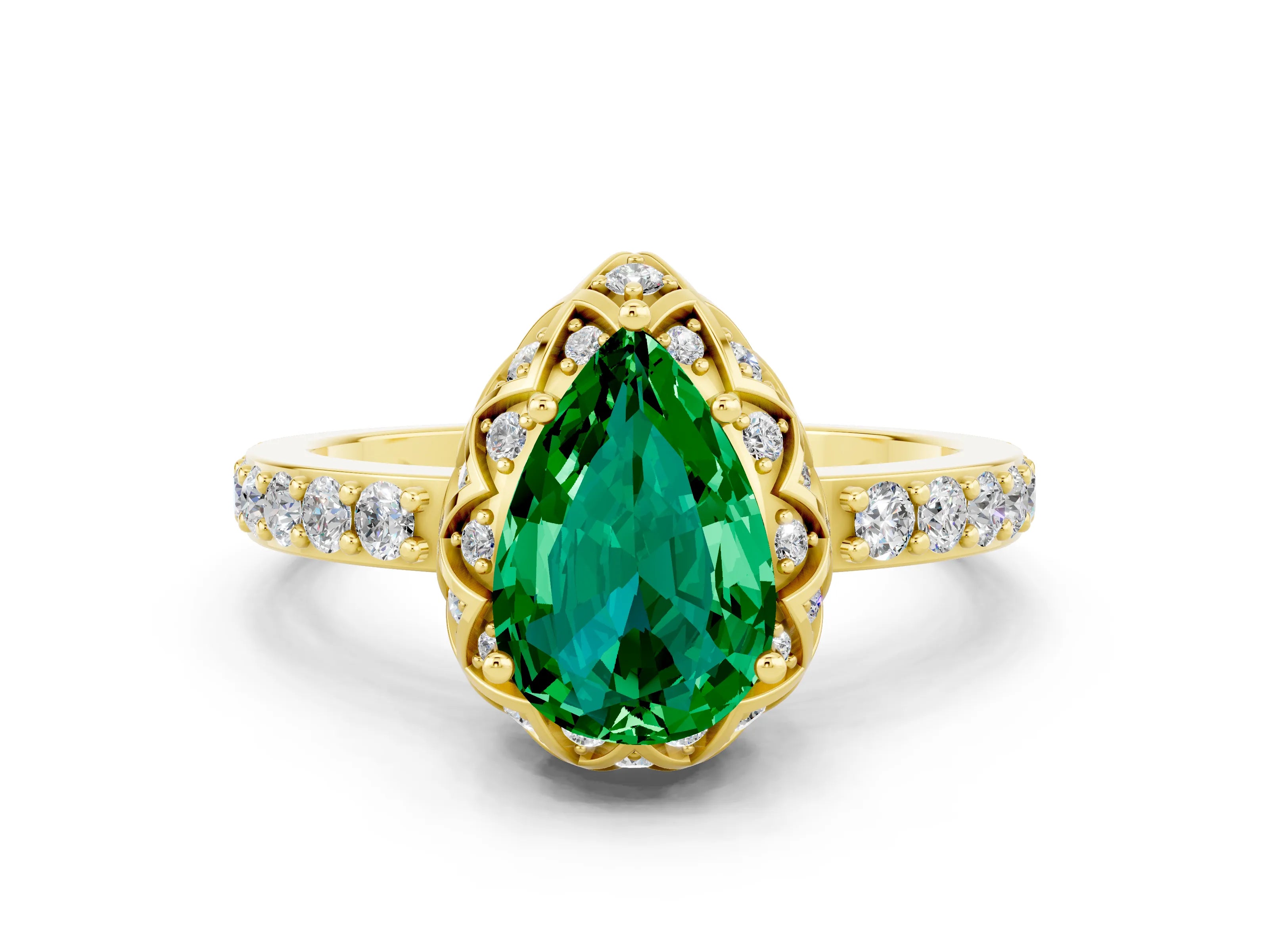 Yellow gold Pear Cut Diamond Solitaire Ring with Shared Prong Pavé Band