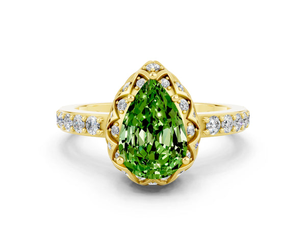 Yellow gold Pear Cut Diamond Solitaire Ring with Shared Prong Pavé Band