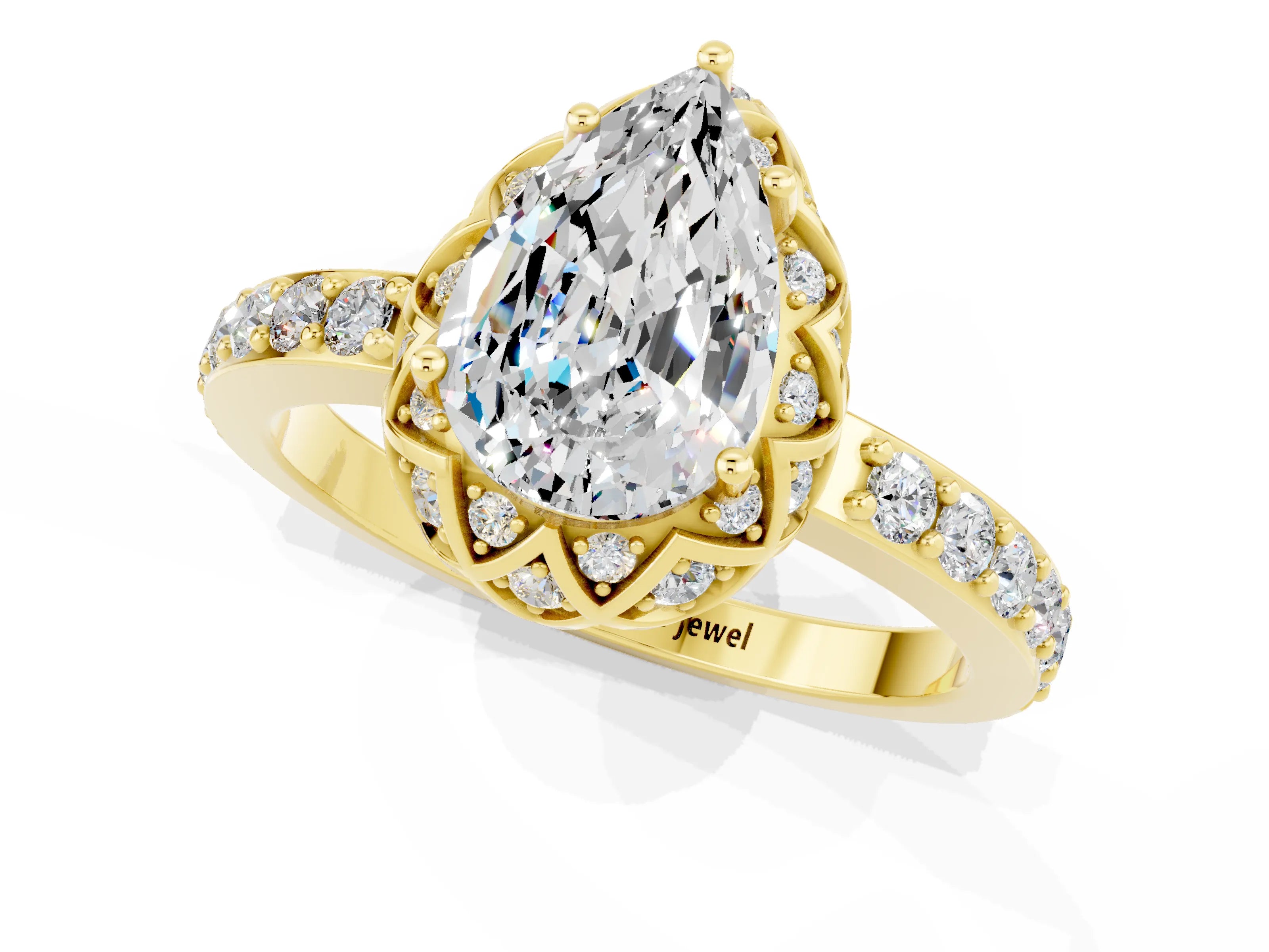 Yellow gold Pear Cut Diamond Solitaire Ring with Shared Prong Pavé Band_1