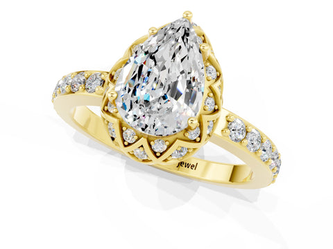 Yellow gold Pear Cut Diamond Solitaire Ring with Shared Prong Pavé Band_1