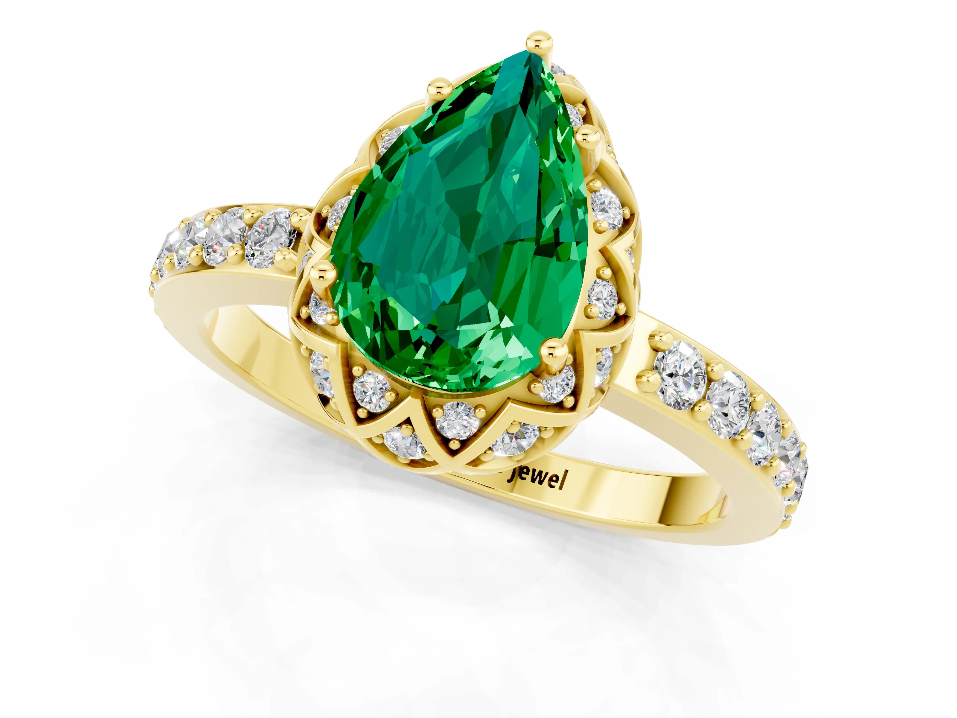 Yellow gold Pear Cut Diamond Solitaire Ring with Shared Prong Pavé Band_1