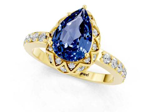 Yellow gold Pear Cut Diamond Solitaire Ring with Shared Prong Pavé Band_1