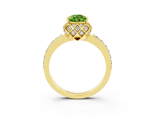 Yellow gold Pear Cut Diamond Solitaire Ring with Shared Prong Pavé Band
