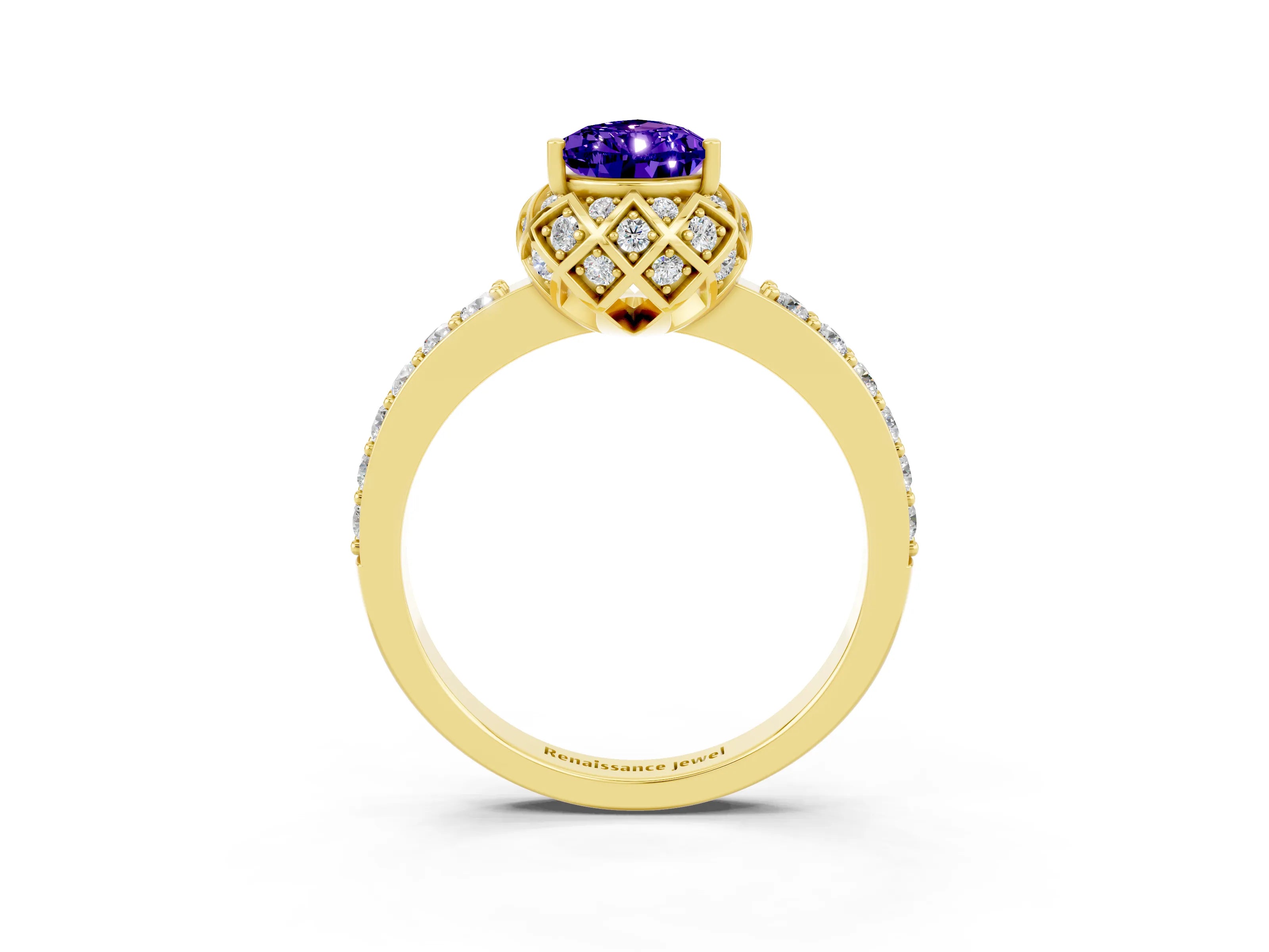 Yellow gold Pear Cut Diamond Solitaire Ring with Shared Prong Pavé Band_3