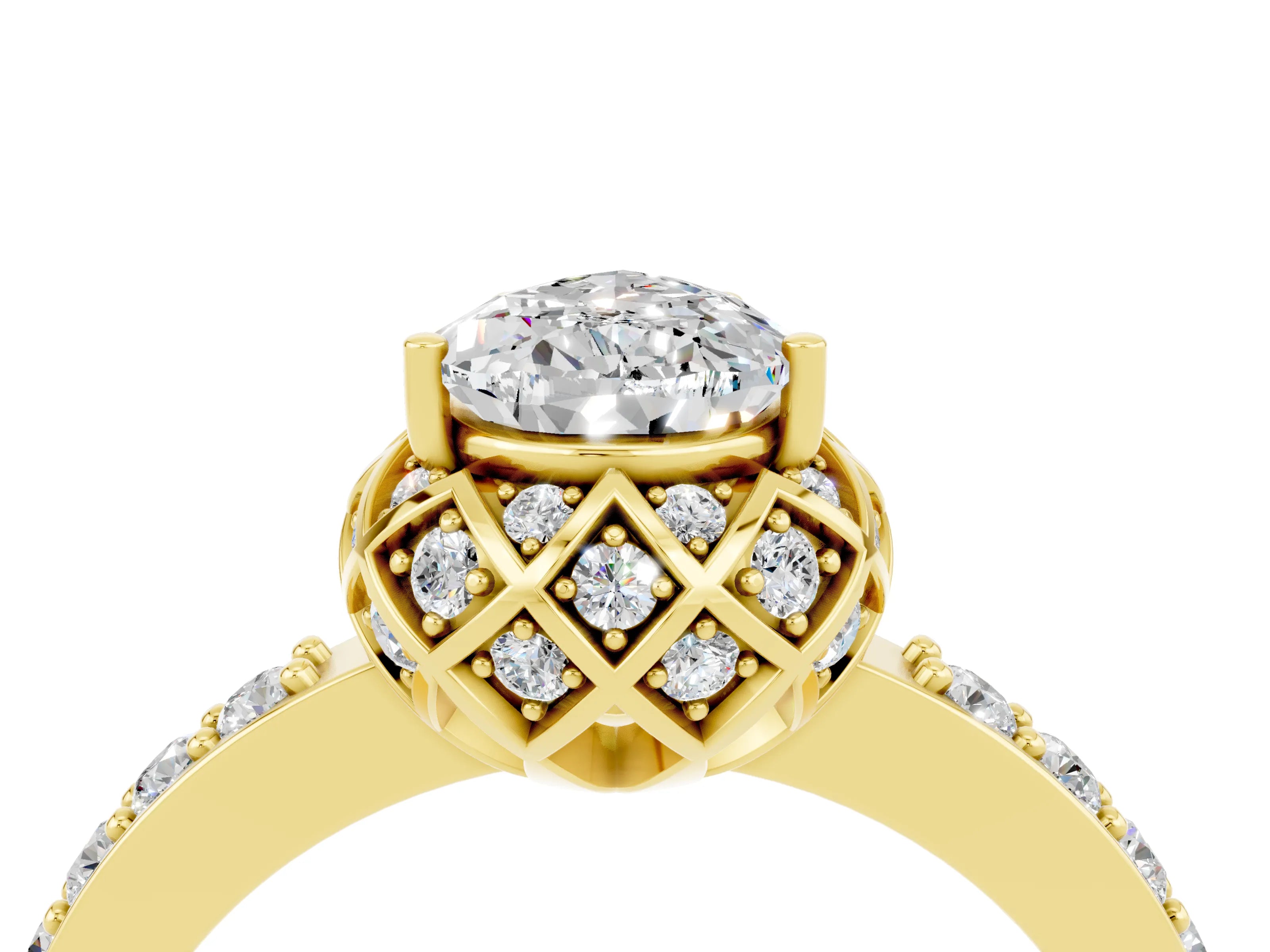 Yellow gold Pear Cut Diamond Solitaire Ring with Shared Prong Pavé Band_4