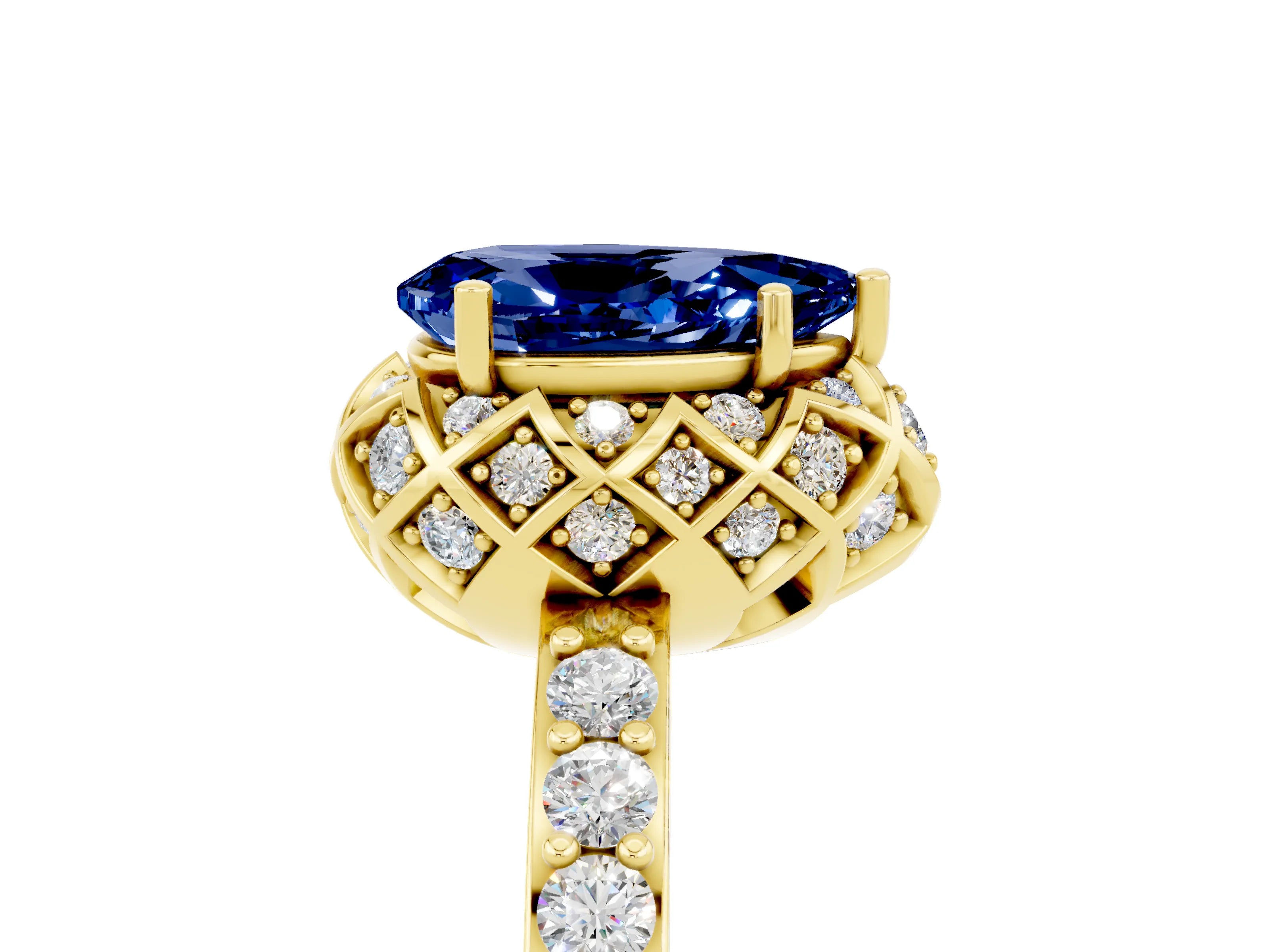 Yellow gold Pear Cut Diamond Solitaire Ring with Shared Prong Pavé Band_5