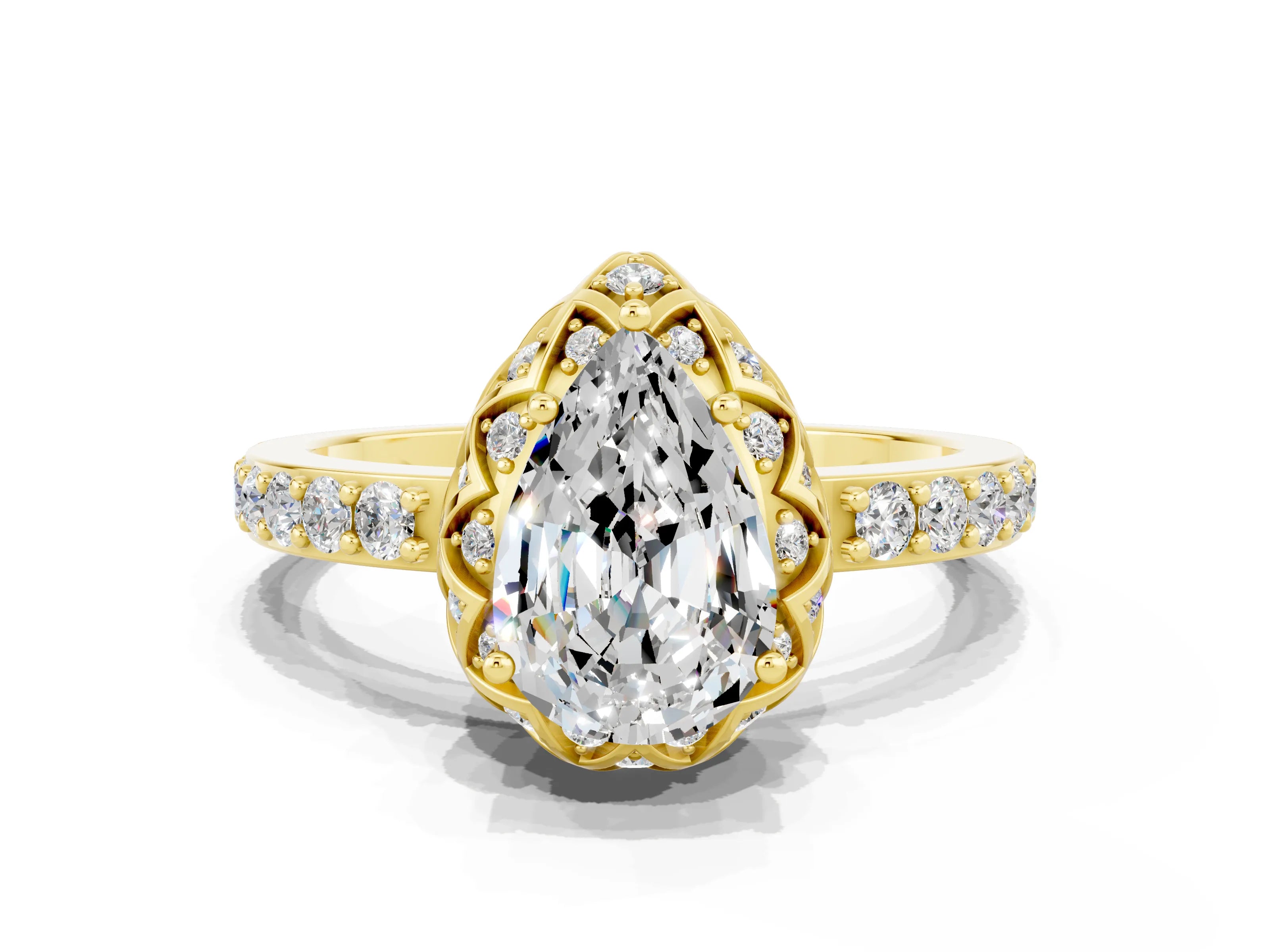 Yellow gold Pear Cut Diamond Solitaire Ring with Shared Prong Pavé Band