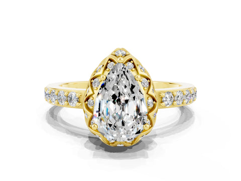 Yellow gold Pear Cut Diamond Solitaire Ring with Shared Prong Pavé Band
