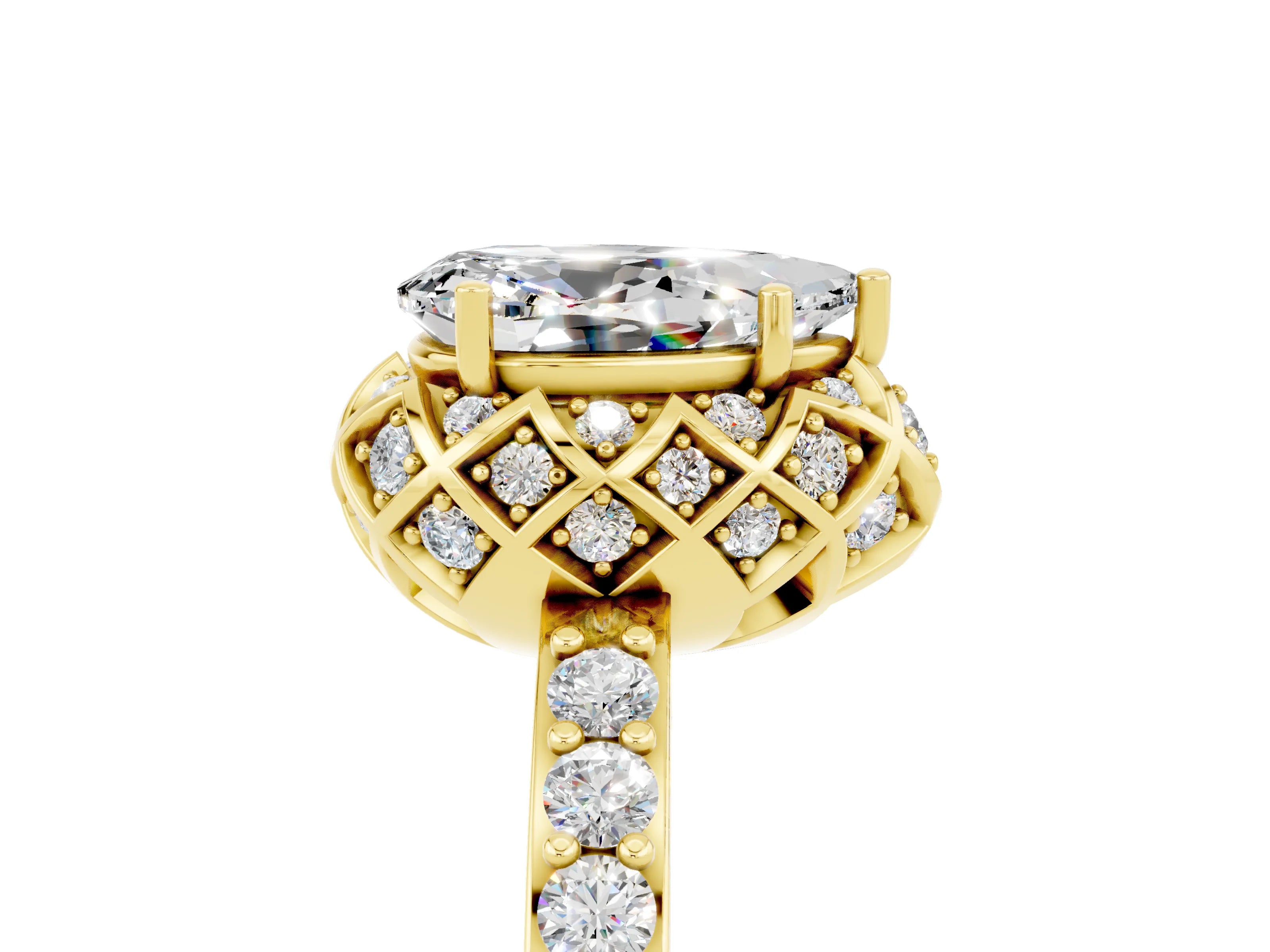 Yellow gold Pear Cut Diamond Solitaire Ring with Shared Prong Pavé Band_5