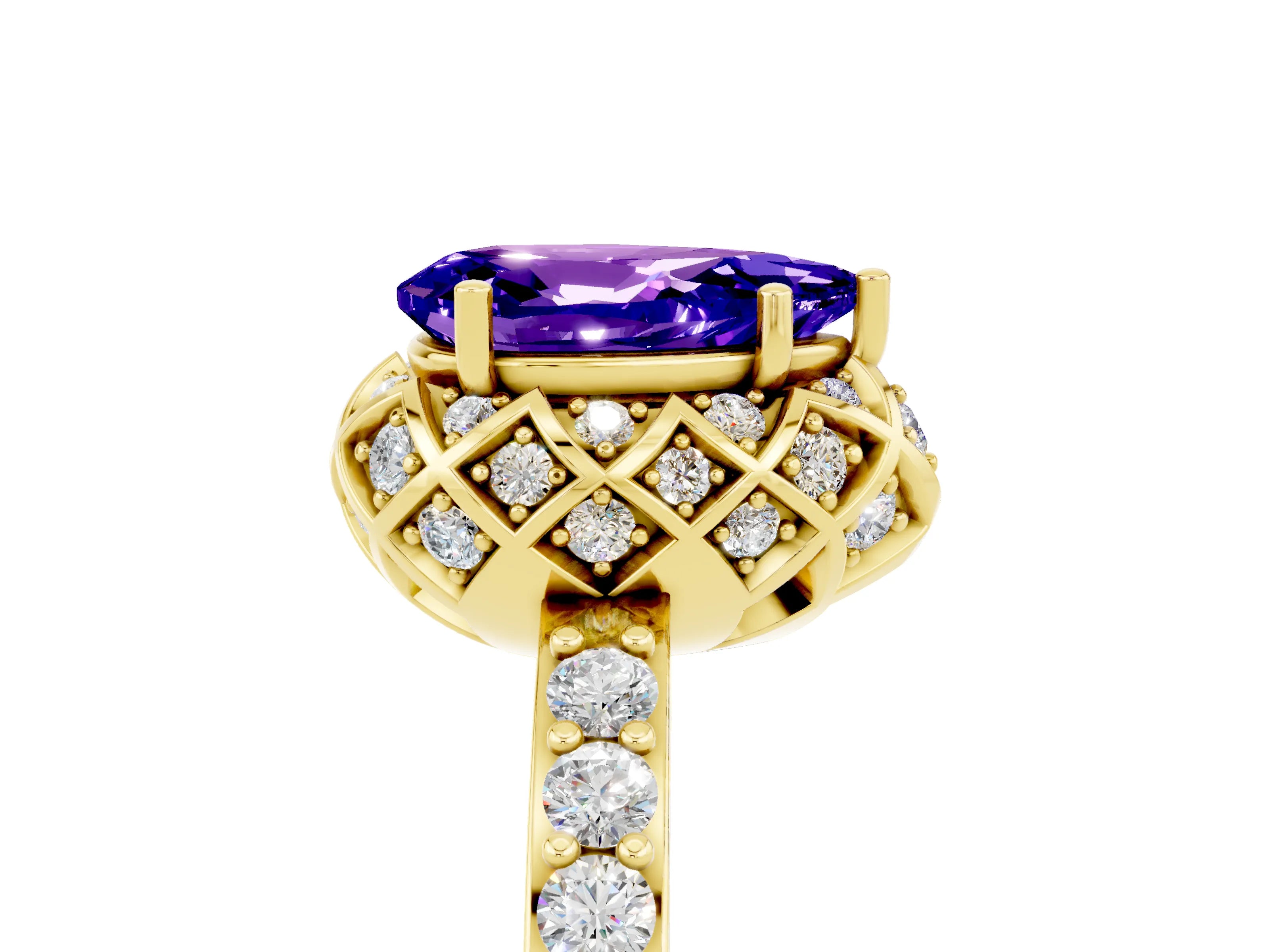 Yellow gold Pear Cut Diamond Solitaire Ring with Shared Prong Pavé Band_5