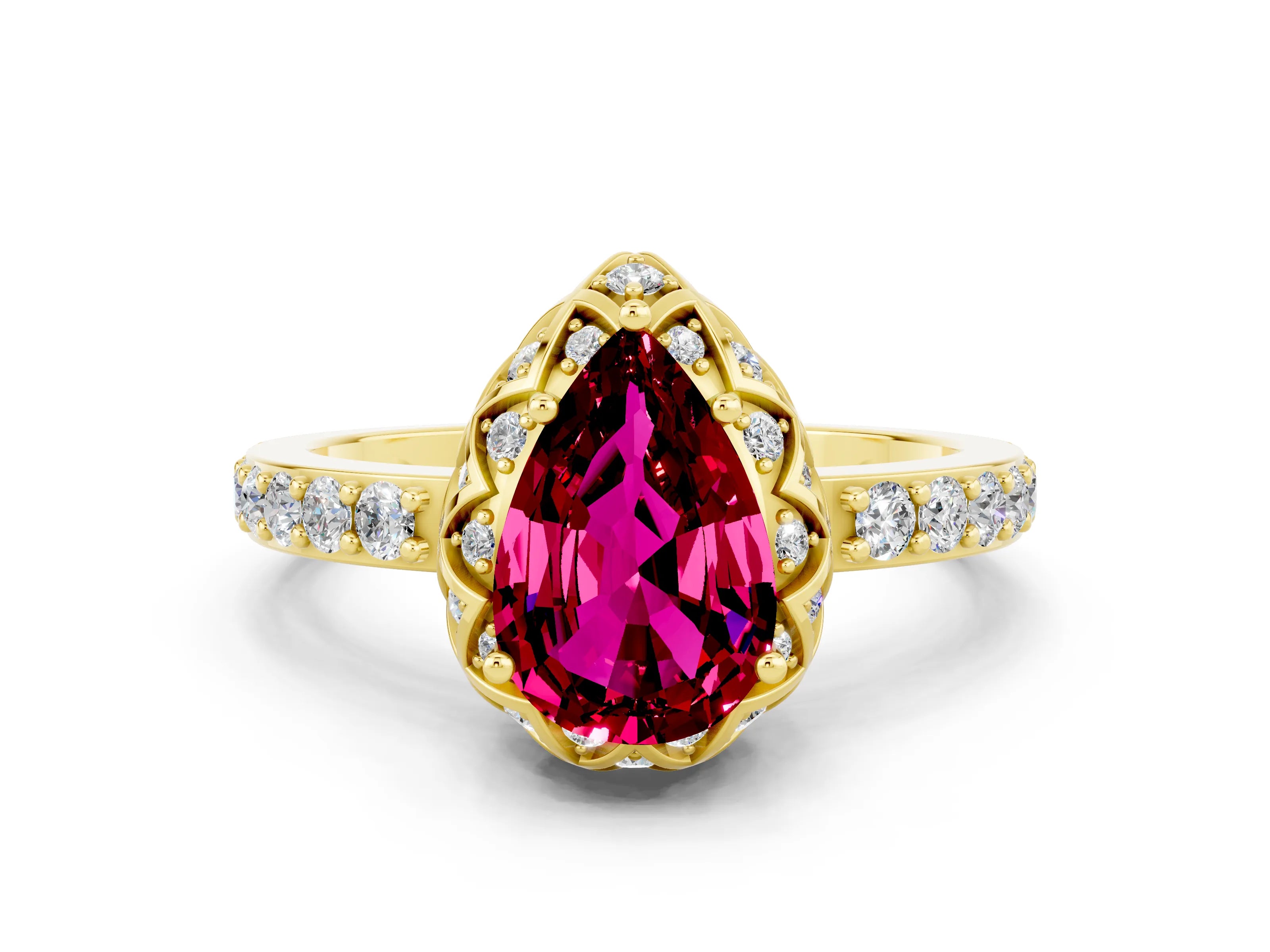 Yellow gold Pear Cut Diamond Solitaire Ring with Shared Prong Pavé Band