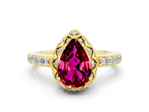 Yellow gold Pear Cut Diamond Solitaire Ring with Shared Prong Pavé Band