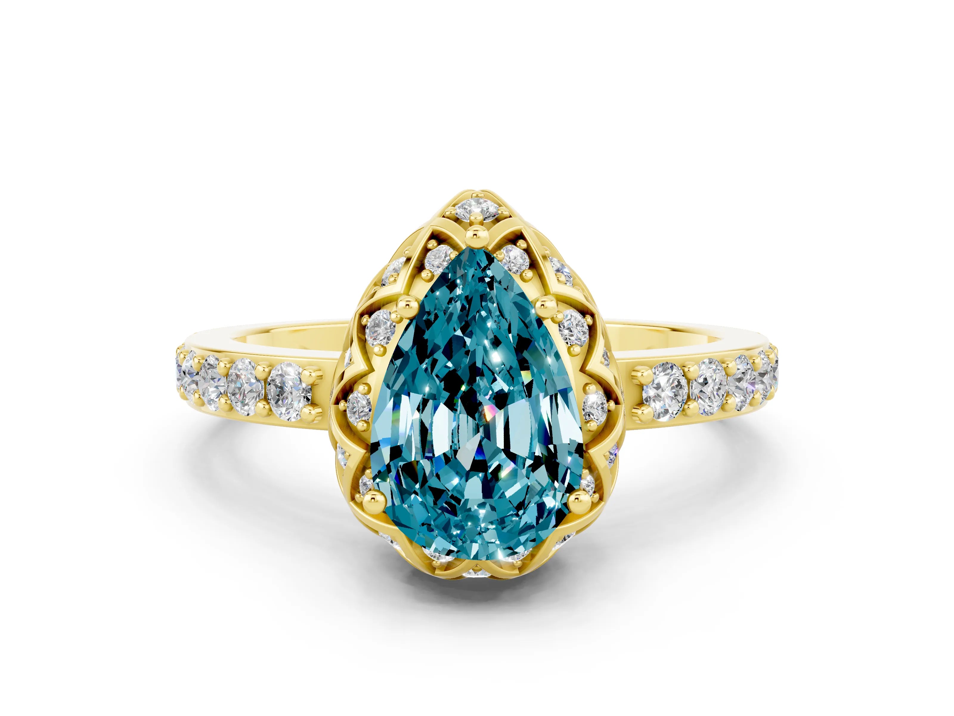 Yellow gold Pear Cut Diamond Solitaire Ring with Shared Prong Pavé Band