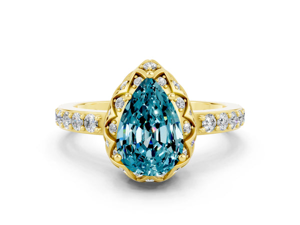 Yellow gold Pear Cut Diamond Solitaire Ring with Shared Prong Pavé Band