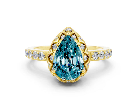 Yellow gold Pear Cut Diamond Solitaire Ring with Shared Prong Pavé Band
