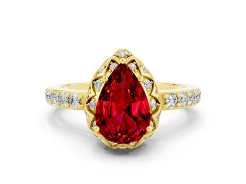 Yellow gold Pear Cut Diamond Solitaire Ring with Shared Prong Pavé Band