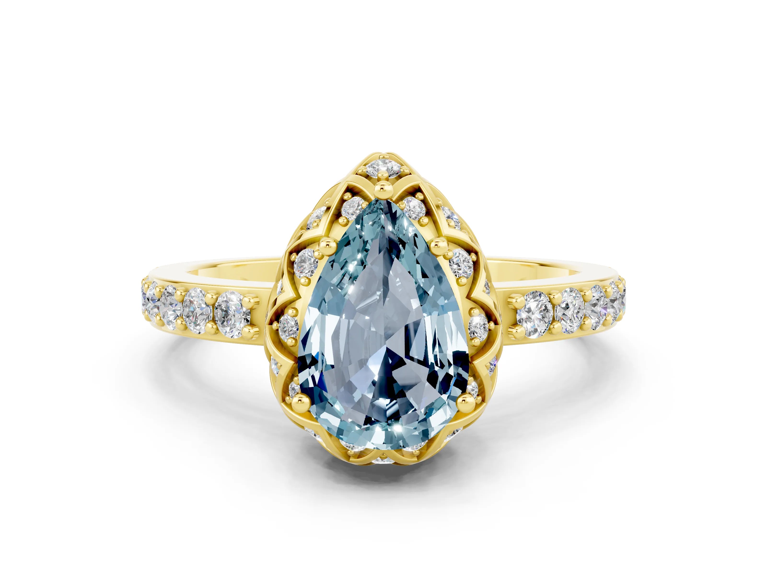 Yellow gold Pear Cut Diamond Solitaire Ring with Shared Prong Pavé Band