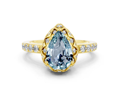 Yellow gold Pear Cut Diamond Solitaire Ring with Shared Prong Pavé Band