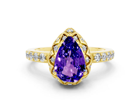 Yellow gold Pear Cut Diamond Solitaire Ring with Shared Prong Pavé Band